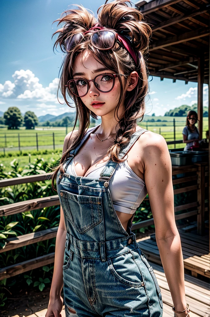 1 girl, brown hair, (pink hair highlights:0.8), farm girl, freckles, sexy farmer overalls, cleavage, round eyewear, glasses, streets, green eyes, solo, farm field, standing, arms behind back