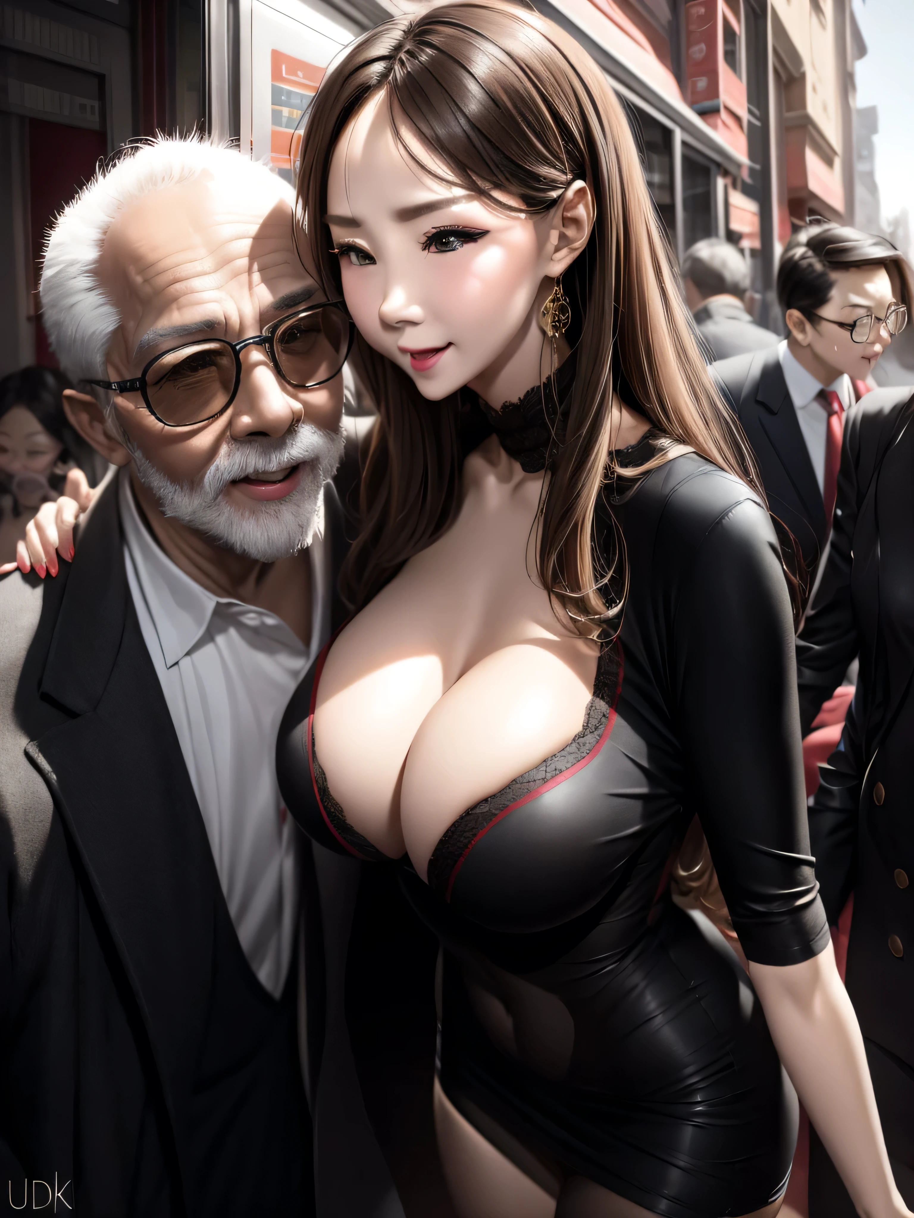 In a crowded street，a beautiful woman wearing sexy dress and an old man are making out on road side, UHD, masterpiece, textured skin, super detail, best quality, 8k