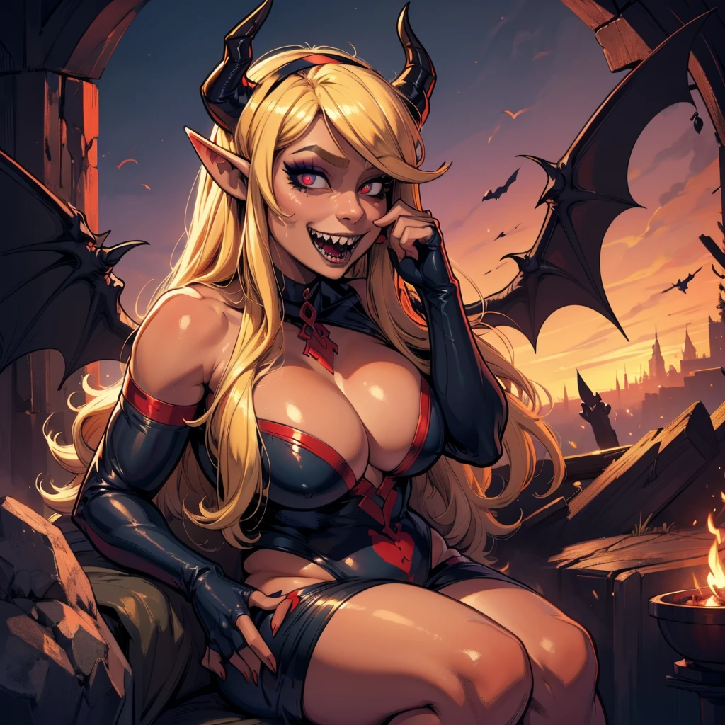 Rosto detalhado, grandes olhos, sharp teeth, hair over eyes, hairband, demon horns, demon wings, long hair, pointy ears, elf, very chubby, 8k, hd, hdr, long blonde hair, demon horns, makeup