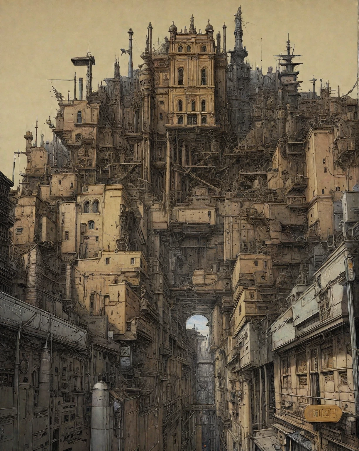 there is a drawing of a city with a clock tower, insanely highly detailed artwork, realistic painting of a complex, complex layered composition!!, expansive detailed layered city, realistic intricate concept art, big and structured valhalla city, multi layered huge architectures, insanely detailed art, atelier olschinsky, intricate cyberpunk city, intricate matte painting, intricate concept art