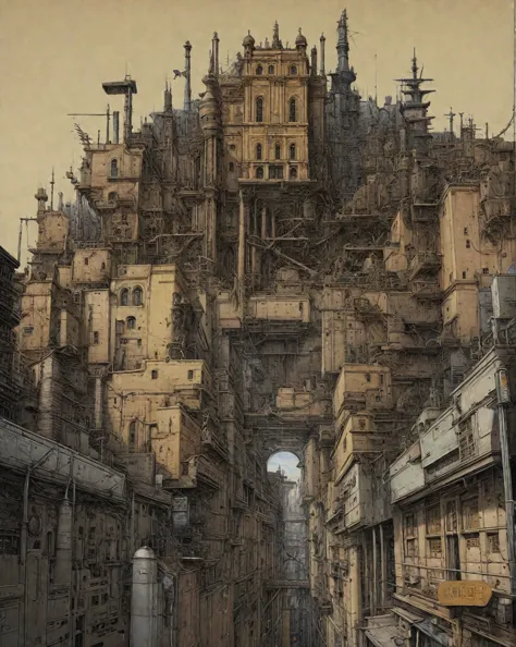 there is a drawing of a city with a clock tower, insanely highly detailed artwork, realistic painting of a complex, complex laye...