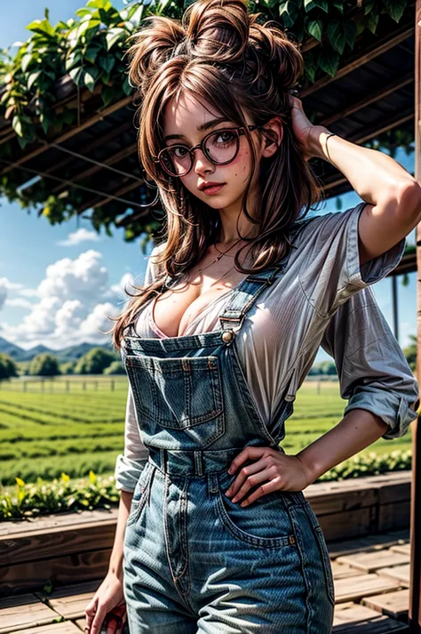 1 girl, brown hair, (pink hair highlights:0.8), farm girl, freckles, sexy farmer overalls, cleavage, round eyewear, glasses, str...