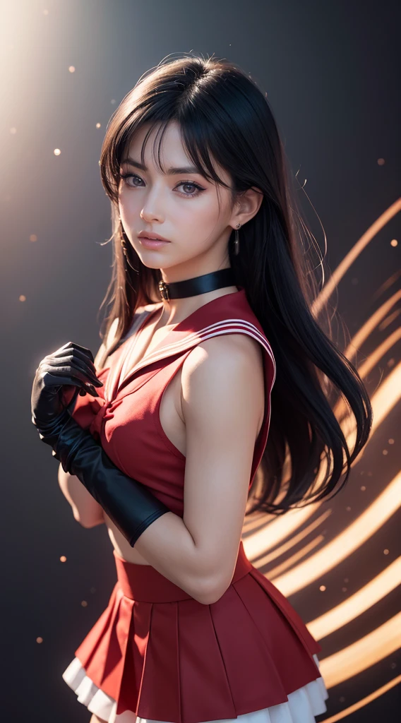 ((HD Real, Same 1 level)), Extremely realistic, masterpiece, Highest quality, High resolution, Same 1, space, Stunning beauty, sailor mars,Upper Body Shot, 1 girl, chest, gloves, lips, alone, Sailor Mars, Purple eyes,  uniform, Show more1, tiara, sailor warrior uniform, (RAW Photos, Highest quality), masterpiece, 浮かぶ長いBlack Hair, Red Sailor Collar, bow, choker, 白いgloves, red choker, 肘用gloves, jewelry, Earrings, Red Skirt, only, whole body, Black Hair, (Perfect hands): 3.8, Octane Rendering, Goddess of Fire, (close: 1.2) In detail, Beautiful Eyes, close, Small eyes, Show Viewer, to8 contrast style, Octane line drawing, space background, Mars, There&#39;s flames all around her, Red Flame, Intense gaze, Clear Eyes, Hands down