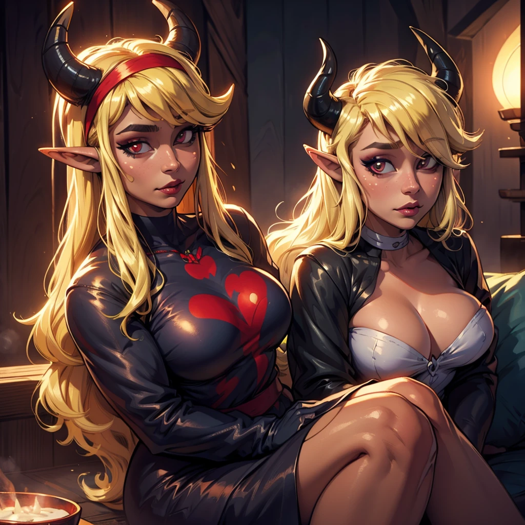 Rosto detalhado, hair over eyes, hairband, demon horns, long hair, pointy ears, elf, very chubby, 8k, hd, hdr, long blonde hair, demon horns, makeup