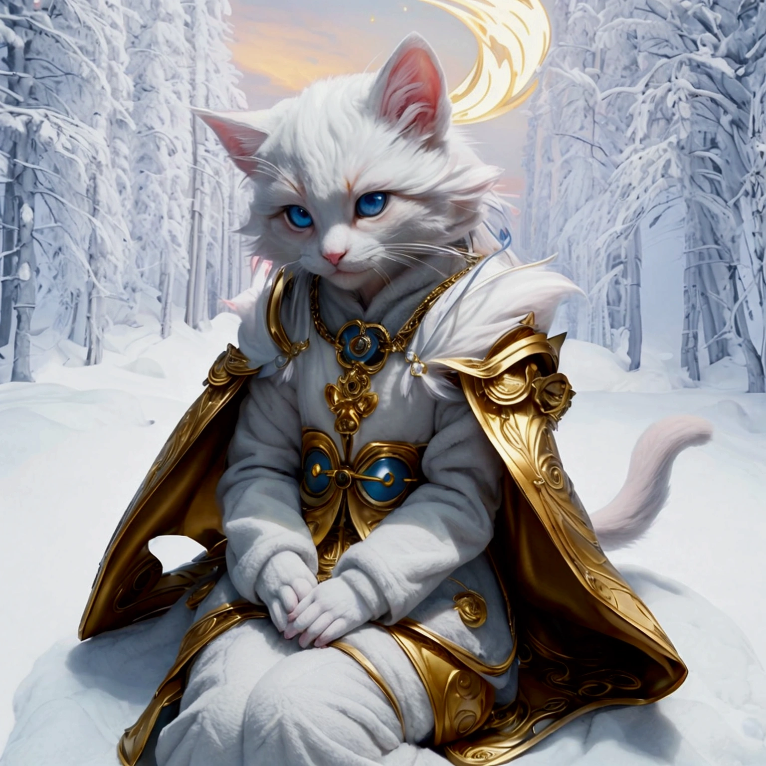 mic, かわいいto be bornき物, Wearing a golden cloak, all-body, , sitting down, custom, Fantasyart, exquisite detail, Jean-Baptiste Monge style, estilo alan lee, blue-eyed anthropomorphic white furry kitten, movie scenes, Dramatic shooting angles, , realisitic, to be born々Stunning cinematic photorealism, action portrait, 8k, detailded, full frame, The background is a meadow of mystical flowers, Mysterious space, O sol está glimmering, very god々glimmering