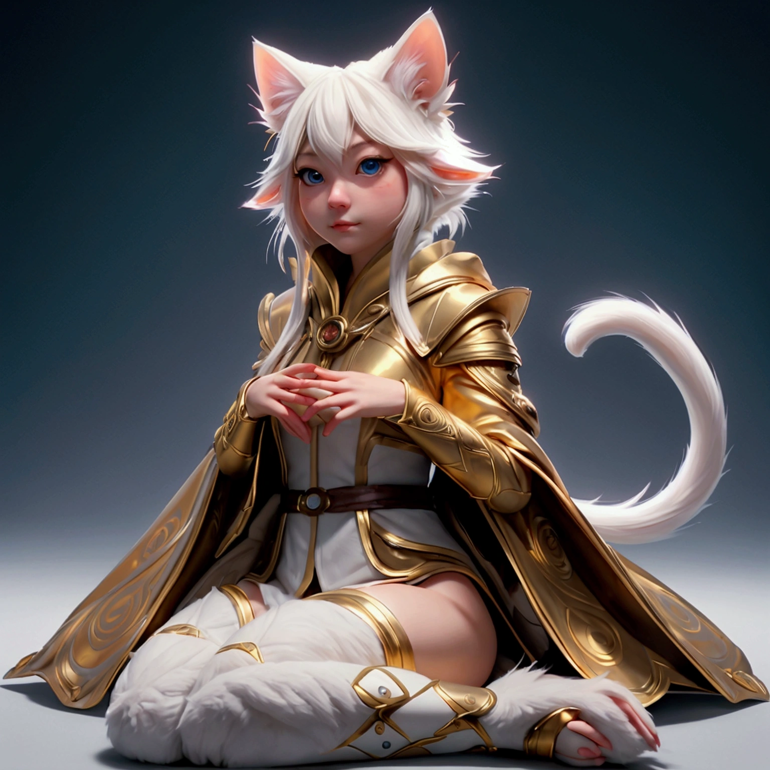 mic, かわいいto be bornき物, Wearing a golden cloak, all-body, , sitting down, custom, Fantasyart, exquisite detail, Jean-Baptiste Monge style, estilo alan lee, blue-eyed anthropomorphic white furry kitten, movie scenes, Dramatic shooting angles, , realisitic, to be born々Stunning cinematic photorealism, action portrait, 8k, detailded, full frame, The background is a meadow of mystical flowers, Mysterious space, O sol está glimmering, very god々glimmering