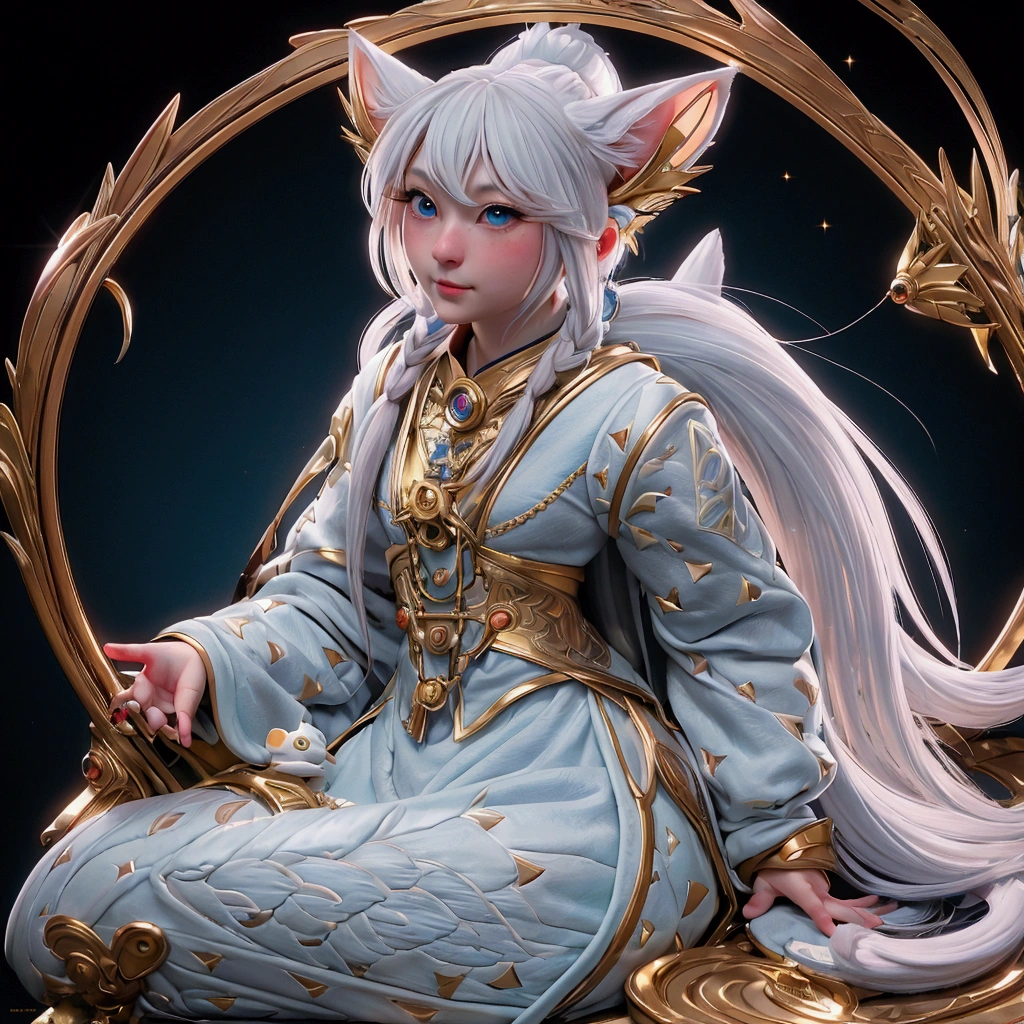 mic, かわいいto be bornき物, Wearing a golden cloak, all-body, , sitting down, custom, Fantasyart, exquisite detail, Jean-Baptiste Monge style, estilo alan lee, blue-eyed anthropomorphic white furry kitten, movie scenes, Dramatic shooting angles, , realisitic, to be born々Stunning cinematic photorealism, action portrait, 8k, detailded, full frame, The background is a meadow of mystical flowers, Mysterious space, O sol está glimmering, very god々glimmering