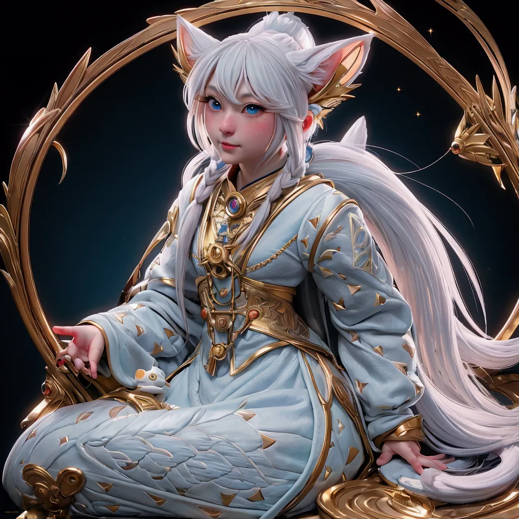 mic, かわいいto be bornき物, wearing a golden cloak, all-body, , sitting down, custom, fantasyart, exquisite detail, jean-baptiste mon...