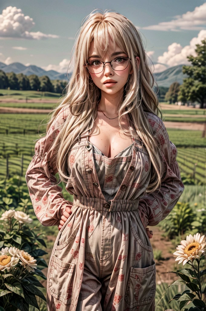 1 girl, blonde hair, (pink hair highlights:0.8), farm girl, freckles, sexy farmer overalls, cleavage, round eyewear, glasses, streets, green eyes, solo, farm field, standing, arms behind back