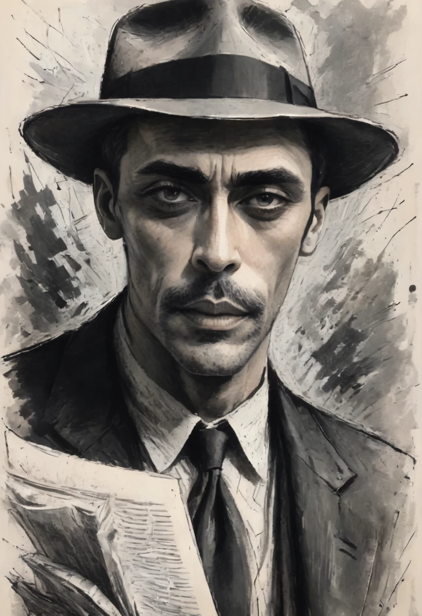 Sketch of Detective Inspector, featuring a man, captivating gaze, clutching a book, only upper body visible, subtle shading to suggest a chiseled jawline, heroic stature,mismatched pages, charcoal, noir style, story-packed eyes, under sharp overcast lighting,  sketchbook aesthetic, grayscale, soft texture, expressive line work, monochrome with hues of gray, pen-drawn detail,sk3tch,v0ng44g