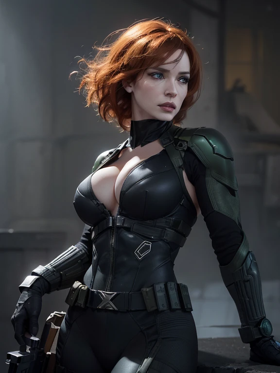 Imagine Christina Hendricks as a Metal Gear Solid character, powerful female character, short wavy orange hair and bright blue eyes, 48 years old, high-quality face study of Christina Hendricks, intricate high-quality study of Christina Hendricks voluptuous physique, striking and mature facial features, agile and athletic build, (Wearing: Fingerless Gloves, skin-tight suit, black and green stealth suit, cleavage cutout, utility belt, metallic armlets, armored boots, gun holsters), The suit is so tight that Christina Hendricks breasts barely fit in it, The suit emphasizes her stealth and combat prowess. Stealthy and formidable presence of the character, hyper-realistic rendering to capture every minute detail, showcasing the mastery of digital portrait artistry, ultimate photorealistic quality, highly detailed facial expression showcasing the determination and strategy of the character, subtle hints of high-tech and militaristic elements reflecting the true essence of the Metal Gear Solid universe, vibrant colors with deep gray’s and contrasting cool tones, creating a visually striking and captivating portrait.
