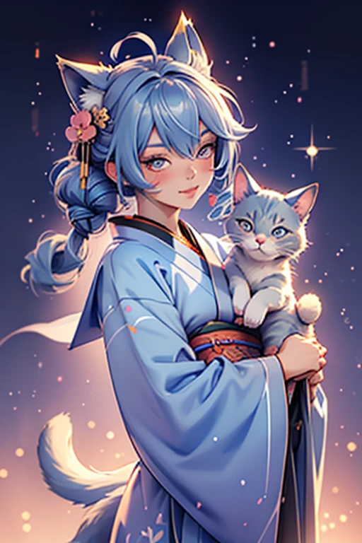 High quality, beautyfull girl, masterpiece, starry hair,blue hair, sparkle eyes, kimono clothes, cat tail,cat ears, japanese girl, aesthetic, very cute, 8k, kitsune mask, starry sky, glow hair, perfect face, night 