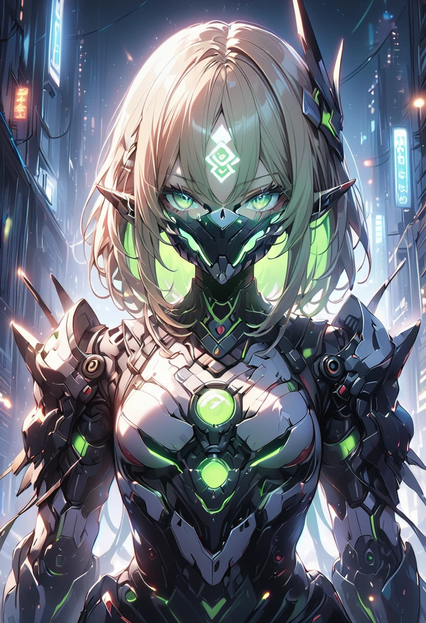 ((masterpiece,High resolution,Highest quality,8k))
(One ELF girl,quiet,10 years old,Blonde Bob Hair,No bangs,Wide forehead,Center Part,Beautiful hair quality,Transparent skin,Big green eyes,,Small breasts,Slim body)(Female Robot,60% mechanical body,mechanical helmet,Blindfold helmet)
(Green lights)