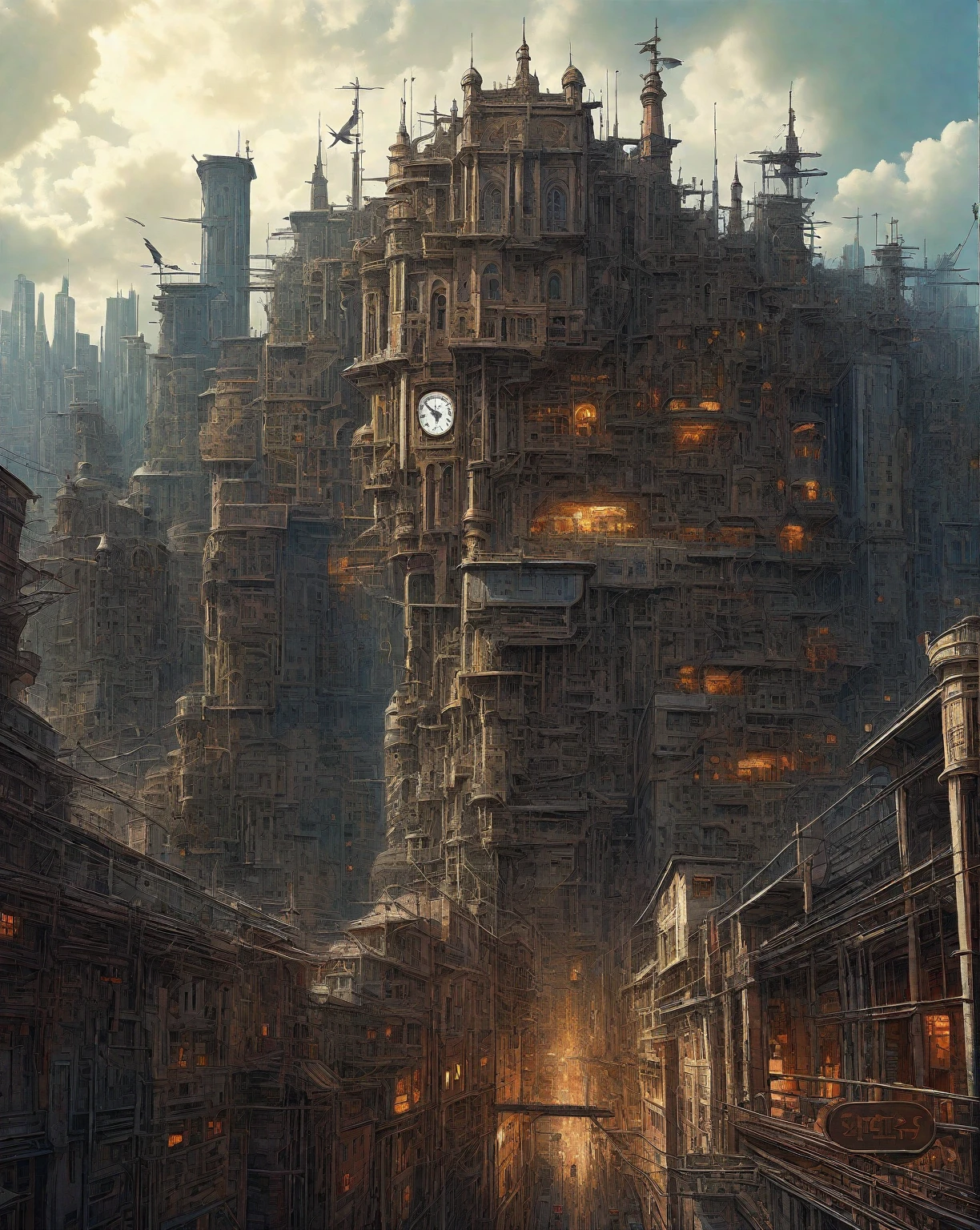 there is a drawing of a city with a clock tower, insanely highly detailed artwork, realistic painting of a complex, complex layered composition!!, expansive detailed layered city, realistic intricate concept art, big and structured valhalla city, multi layered huge architectures, insanely detailed art, atelier olschinsky, intricate cyberpunk city, intricate matte painting, intricate concept art