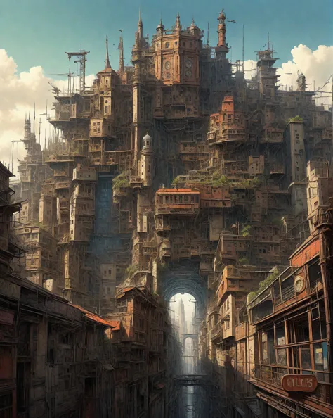 there is a drawing of a city with a clock tower, insanely highly detailed artwork, realistic painting of a complex, complex laye...