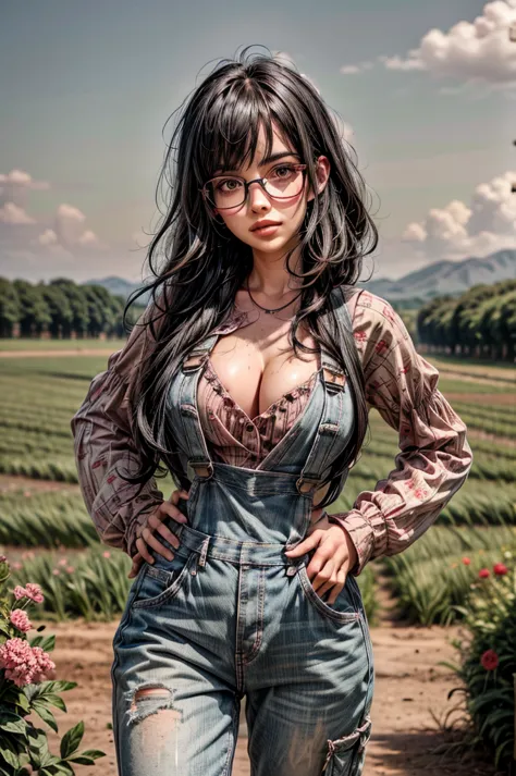 1 girl, black hair, (pink hair highlights:0.8), farm girl, freckles, sexy farmer overalls, cleavage, round eyewear, glasses, str...