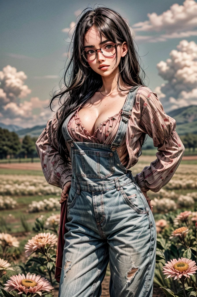 1 girl, black hair, (pink hair highlights:0.8), farm girl, freckles, sexy farmer overalls, cleavage, round eyewear, glasses, streets, green eyes, solo, farm field, standing, arms behind back