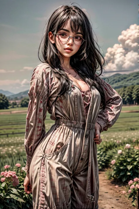 1 girl, black hair, (pink hair highlights:0.8), farm girl, freckles, sexy farmer overalls, cleavage, round eyewear, glasses, str...