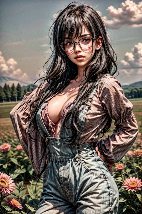 1 girl, black hair, (pink hair highlights:0.8), farm girl, freckles, sexy farmer overalls, cleavage, round eyewear, glasses, str...