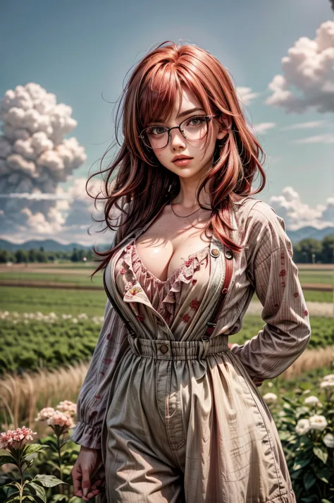 1 girl, red hair, (pink hair highlights:0.8), farm girl, freckles, sexy farmer overalls, cleavage, round eyewear, glasses, stree...