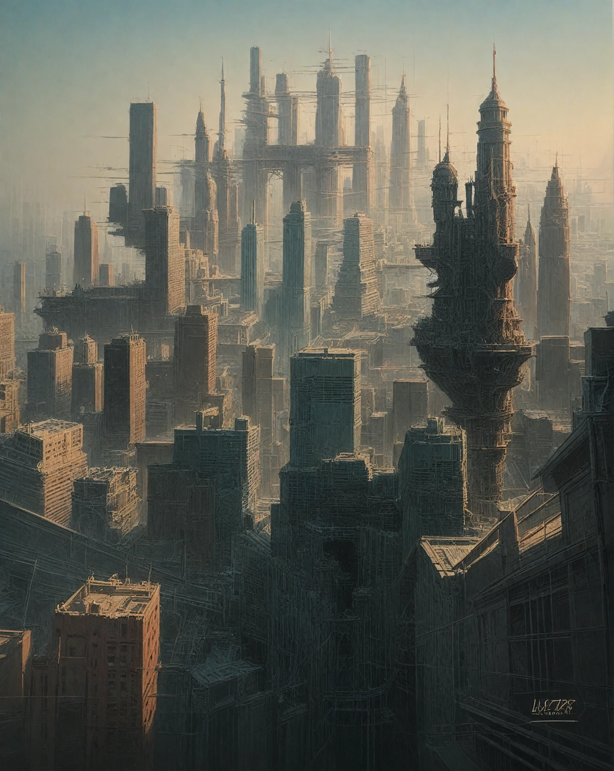 there is a drawing of a city with a clock tower, insanely highly detailed artwork, realistic painting of a complex, complex layered composition!!, expansive detailed layered city, realistic intricate concept art, big and structured valhalla city, multi layered huge architectures, insanely detailed art, atelier olschinsky, intricate cyberpunk city, intricate matte painting, intricate concept art