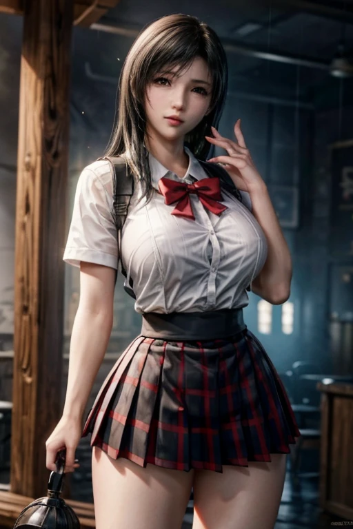 school girl uniform , steam , rain , plaid skirt , pleated skirt , The shirt is tight. , white shirt , school girl , red bow , red knot , highly detailed photo of Tifa Lockhart posing, final fantasy 7 remake