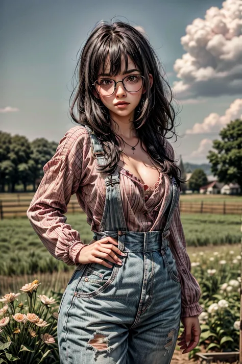 1 girl, black hair, (pink hair highlights:0.8), farm girl, freckles, sexy farmer overalls, cleavage, round eyewear, glasses, str...