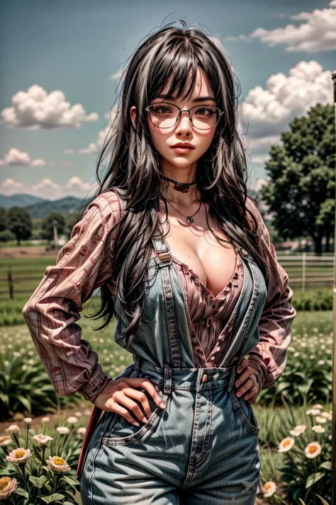 1 girl, black hair, (pink hair highlights:0.8), farm girl, freckles, sexy farmer overalls, cleavage, round eyewear, glasses, str...