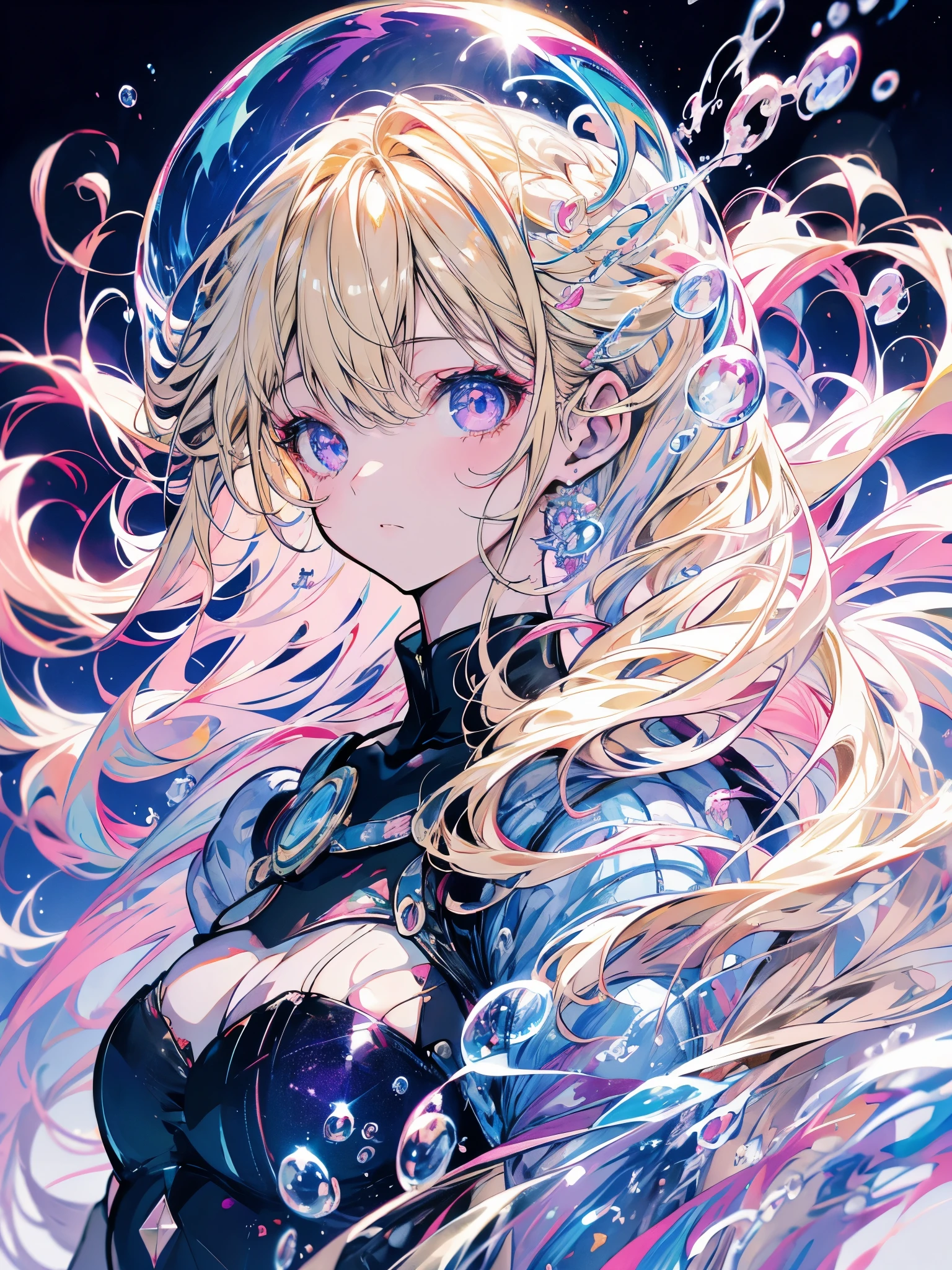  anime-style light blonde hair with violet eyes blowing bubbles under the starry sky