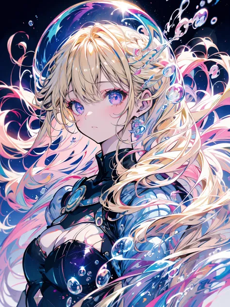 anime-style light blonde hair with violet eyes blowing bubbles under the starry sky