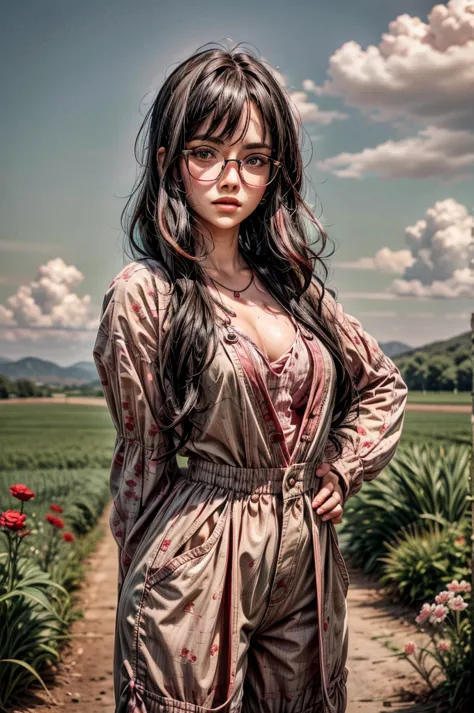 1 girl, red and black hair, (pink hair highlights:0.8), farm girl, freckles, sexy farmer overalls, cleavage, round eyewear, glas...