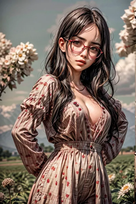 1 girl, red and black hair, (pink hair highlights:0.8), farm girl, freckles, sexy farmer overalls, cleavage, round eyewear, glas...