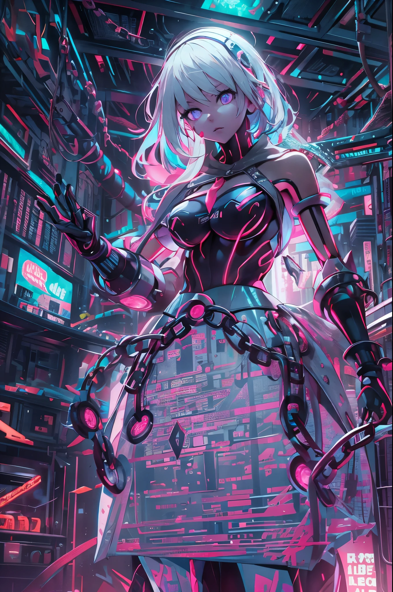 Android Girl,white hair,short and messy hair, purple neon eyes, Holding a chain whip,chains on the hands,chains action, chains around her arm, very cute, skirt, white blouse, cyberpunk style, eletronic gloves, mecanic parts, eletronic details,living room background.HD lighting and dark )(epic image quality) dark atmosphere with bright particle light(many effects in background), dinamic shot, robot, neon tweaks, cyberpunk theme