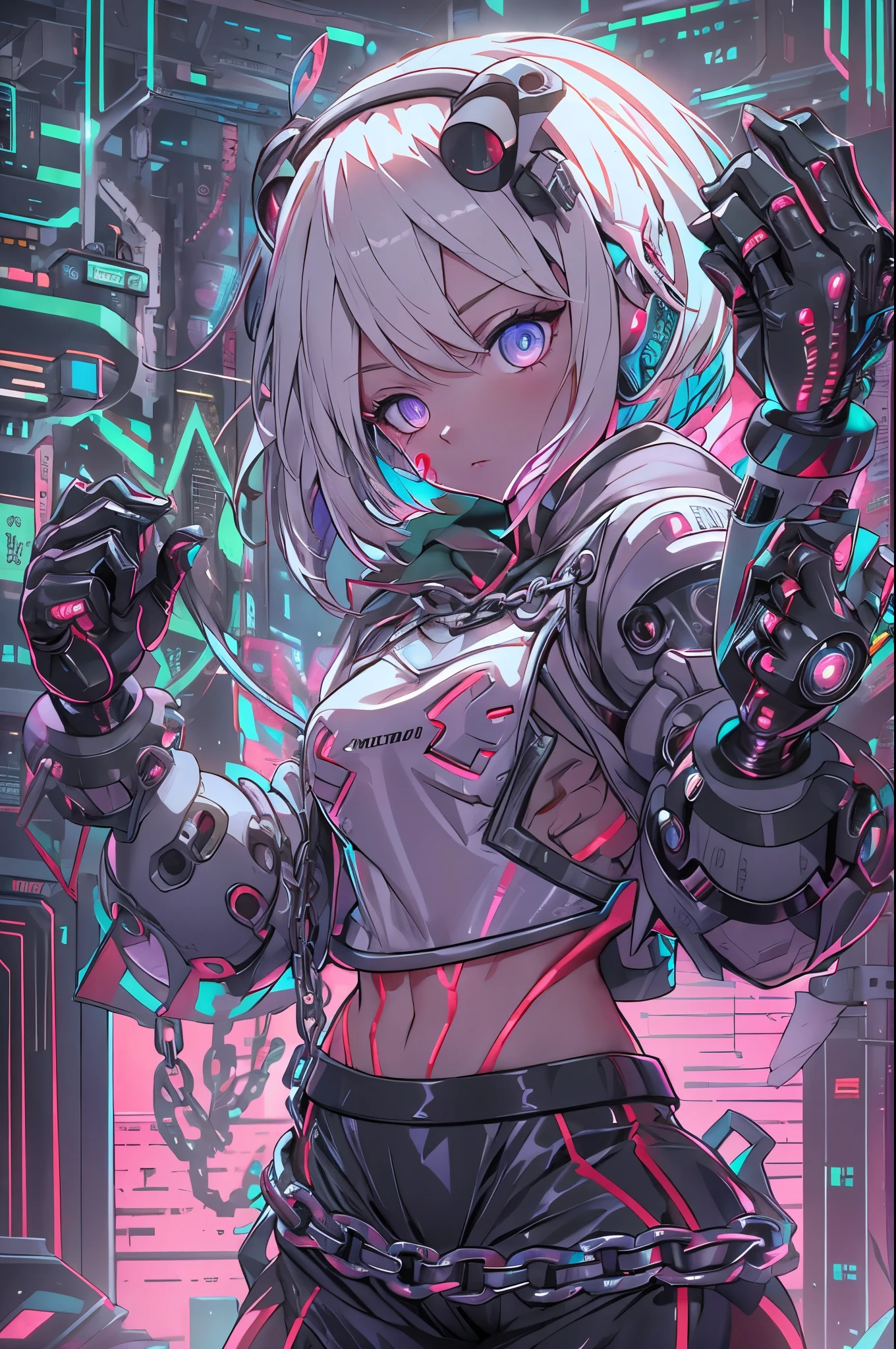 Android Girl,white hair,short and messy hair, purple neon eyes, Holding a chain whip,chains on the hands,chains action, chains around her arm, very cute, skirt, white blouse, cyberpunk style, eletronic gloves, mecanic parts, eletronic details,living room background.HD lighting and dark )(epic image quality) dark atmosphere with bright particle light(many effects in background), dinamic shot, robot, neon tweaks, cyberpunk theme