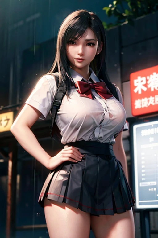 school girl uniform , steam , rain , plaid skirt , pleated skirt , The shirt is tight. , white shirt , school girl , red bow , red knot  , highly detailed photo of Tifa Lockhart posing, final fantasy 7 remake