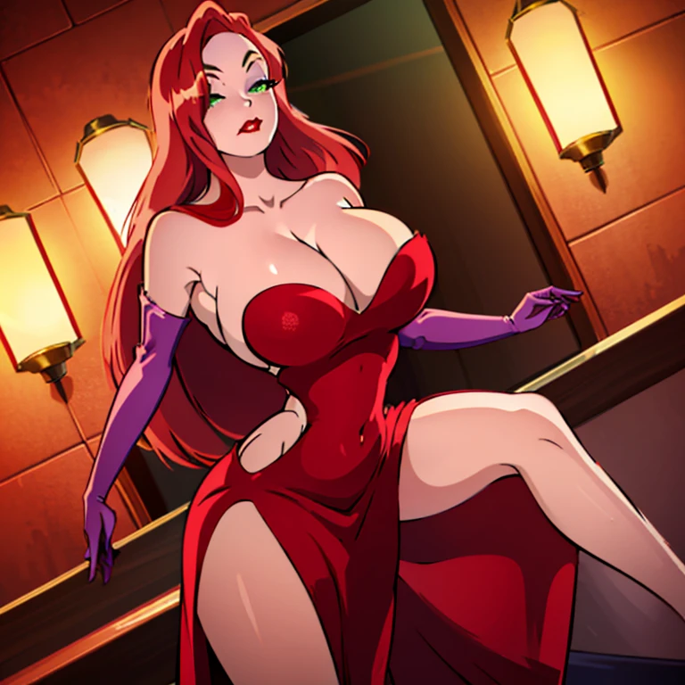 Jessica Rabbit, Massive , elbow gloves, green eyes), Massive and Deep cleavage, red lips, (strapless dress) (red hair) (red dress), ((She has a mature figure, her cleavage is Massive and Deep)) b