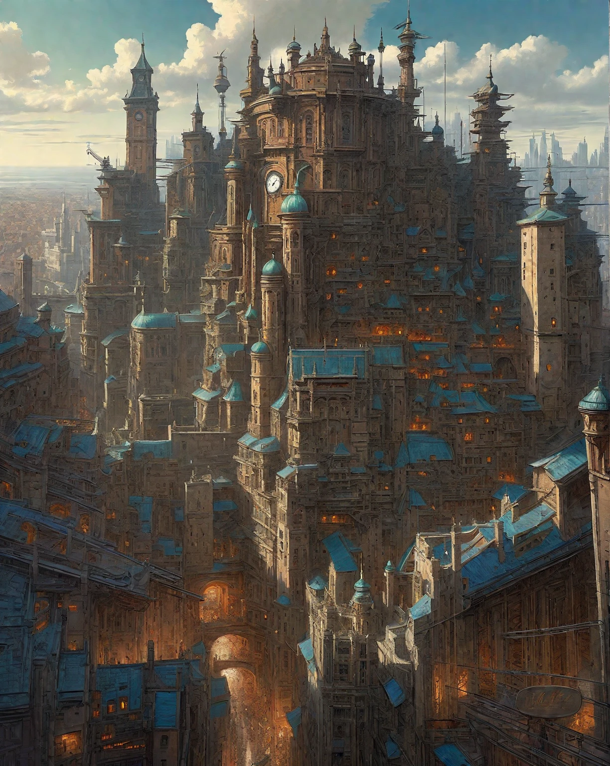 there is a drawing of a city with a clock tower, insanely highly detailed artwork, realistic painting of a complex, complex layered composition!!, expansive detailed layered city, realistic intricate concept art, big and structured valhalla city, multi layered huge architectures, insanely detailed art, atelier olschinsky, intricate cyberpunk city, intricate matte painting, intricate concept art