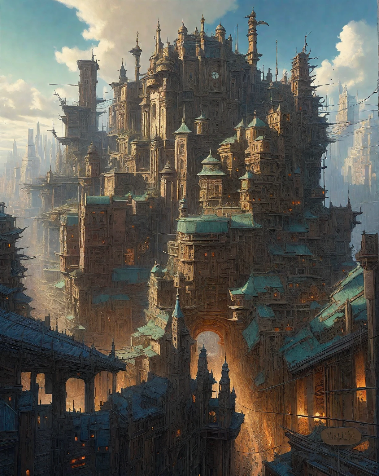 there is a drawing of a city with a clock tower, insanely highly detailed artwork, realistic painting of a complex, complex layered composition!!, expansive detailed layered city, realistic intricate concept art, big and structured valhalla city, multi layered huge architectures, insanely detailed art, atelier olschinsky, intricate cyberpunk city, intricate matte painting, intricate concept art