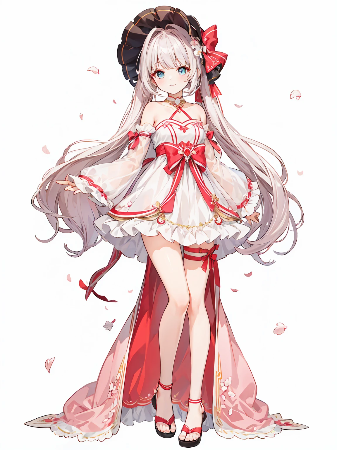 Full body ,dynamic Standing ,(เหมือนจริง:1.37)、Full body ,(ผลงานชิ้นเอก), Chattotori， 1girll， pink sleeve， solo，Cat ears， Long ponytail，Gorgeous cake dress， full bodyesbian，adolable， a skirt， looking at viewert， shift dresses， exposed bare shoulders， Bare legs， Beautiful detailed eyes， Be red in the face， standing on your feet， clavicle， No shoulder strap， bucket-hat， Footwear， leges， frilld， flatchest， short skirt， Bow knot， longer sleeves， arms at sides， beatiful background，beautiful illustration, best quality, cute girl, happy, dynamic angle, armpit,masterpiece, best quality, 1girl, solo, long_hair, looking_at_viewer, white hair twintails, grees eyes, smile, bangs, white princess dress, long_sleeves, hat, dress, bow, holding, closed_mouth, flower, frills, hair_flower, petals, bouquet, holding sword, center_frills, bonnet, holding_bouquet, tachi-e, full body , พื้นหลังสีขาว , (Full body:1.5), Blank white background, (white background), Transparent background, looking down, ((masterpiece, illustration, best quality)) 