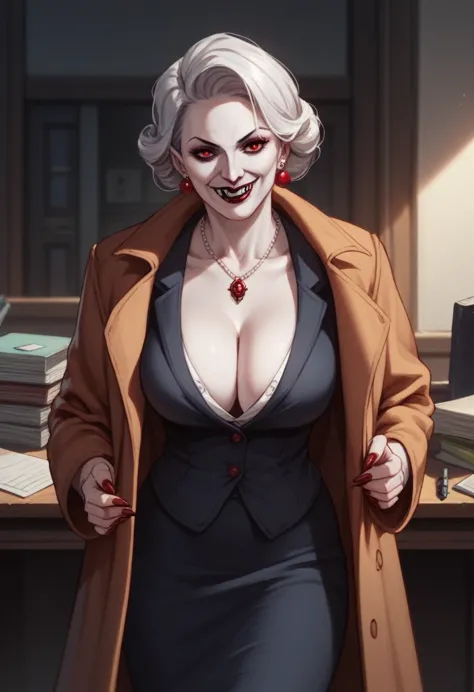 score_9, score_8_up, score_7_up, there is a vampire woman, extra milf, with coat, office, cozy, (curvy:1.2), pale skin, vampire ...