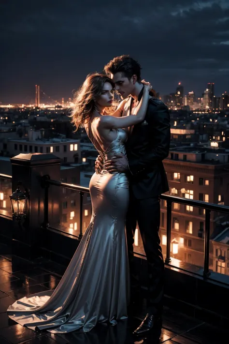 a dramatic image of a couple. beautiful woman standing on a rooftop held by soldier embraces her from behind, holds her breasts....