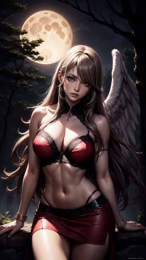 1 angel, 1 demon, detailed artwork, mini skirt, ripped shirt showing part of breasts, detailed art, full moon, waterfall, trees,...