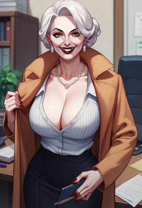 score_9, score_8_up, score_7_up, 1girl, extra milf, with coat, office, cozy, (curvy:1.4), pale skin, vampire woman, cleavage, ad...