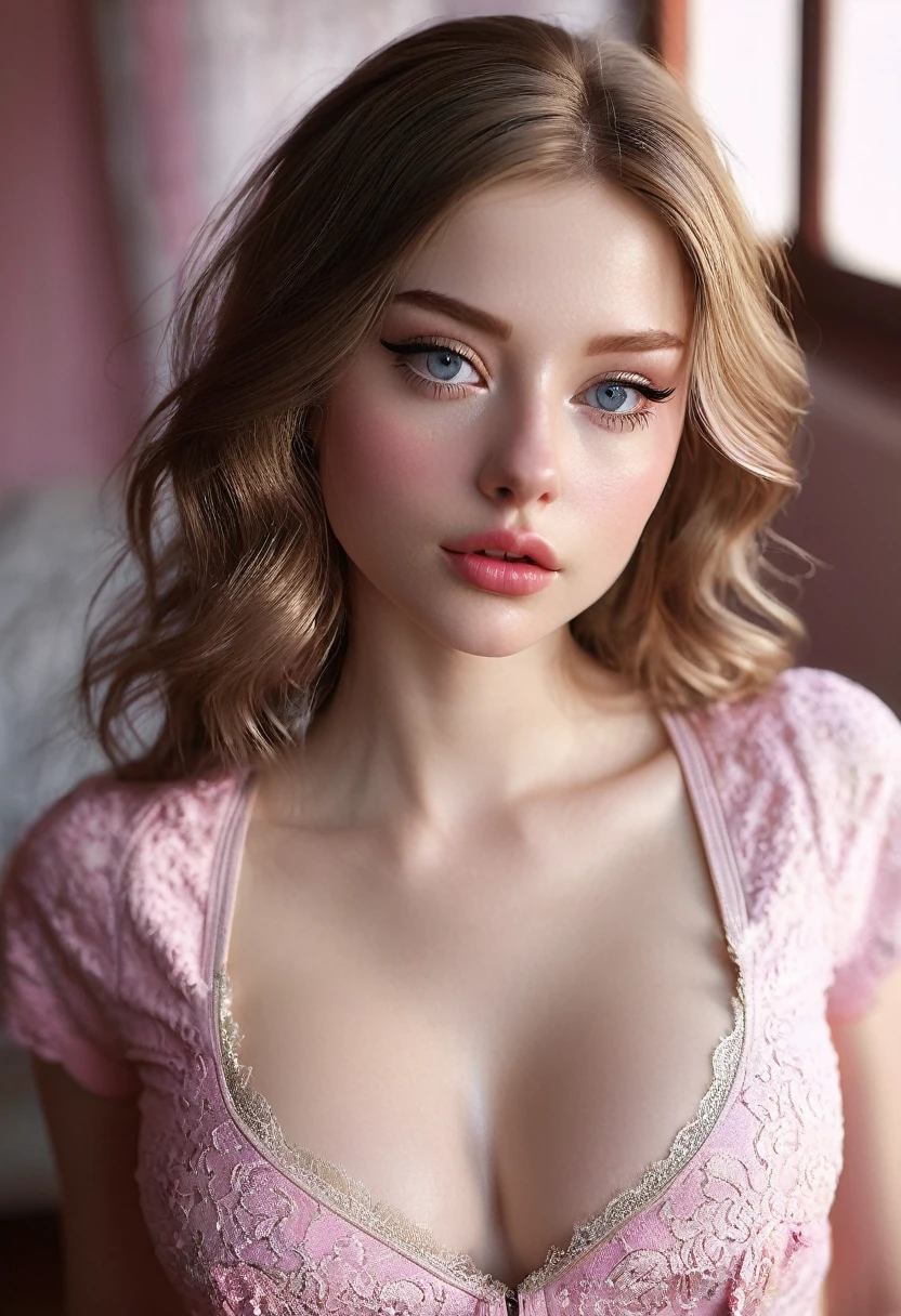 NSFW, GinaBanini, tight clothes, (((ultra realistic))) Photo, masterpiece, top quality, (pale skin), (Ultra detailed face and eyes:1.3), 1 girl, Adult, in a T-shirt, full body, (Eye makeup, mascara) , ((large detailed lips)), ((ash wavy hair)), ((Chyolka)) , (Natural breasts), Slim waist. ((Posing)), photoshoot, studio (soft lighting), (The play of light and shadows), depth of field, bokeh, (special attention to skin detail: 1.2), Detailed leather texture, skin pores. (Airy atmosphere of the frame. Color range - delicate, Bright, white, Pink tones), UDR, ((Film grain)), ((rays)), ((glare of the sun)), ((waist up portrait, close to the camera)) , ultra detialed, nude, full body shot