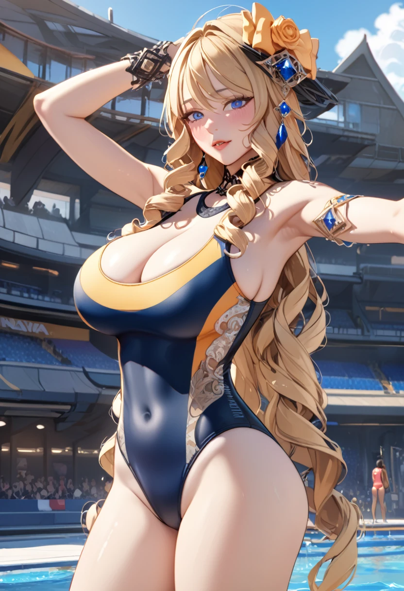 anime, ultra detailed, hyper detailed, best quality, highres, 4K , master piece, 1 female, 17-year-old,  Navia ,competition swimsuit, gigantic tits , 