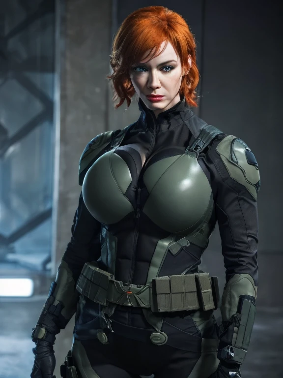 Stellen Sie sich Christina Hendricks als Metal Gear Solid-Charakter vor, kraftvolle weibliche Figur, kurzes gewelltes orangefarbenes Haar und strahlend blaue Augen, 4, hochwertige Gesichtsstudie von Christina Hendricks, dralle Brust, tiefes Dekolleté, (Christinas modellierte Wangenknochen und leichte Fältchen im Gesicht), Maskara, Lidschatten, roter Lippenstift, prallen Lippen, Komplexe, hochwertige Studie von Christina Hendricks draller Figur, markante und reife Gesichtszüge, agiler und athletischer Körperbau, (Tragen: fingerlose Handschuhe, hautenger Anzug, schwarz-grüner Tarnanzug, Dekolleté-Ausschnitt, Werkzeuggürtel, metallische Armreifen, gepanzerte Stiefel, gun holsters), Der Anzug ist so eng, dass Christina Hendricks Brüste kaum hineinpassen, Der Anzug unterstreicht ihre Tarnung und Kampfkraft. Heimliche und beeindruckende Präsenz des Charakters, hyperrealistisches Rendering zur Erfassung jedes kleinsten Details, Präsentation der Meisterschaft der digitalen Porträtkunst, ultimative fotorealistische Qualität, hochdetaillierter Gesichtsausdruck, der die Entschlossenheit und Strategie des Charakters zeigt, subtile Hinweise auf High-Tech- und militaristische Elemente, die die wahre Essenz des Metal Gear Solid-Universums widerspiegeln, lebendige Farben mit tiefen Grautönen und kontrastierenden kühlen Tönen, Erstellen eines visuell eindrucksvollen und fesselnden Porträts.
