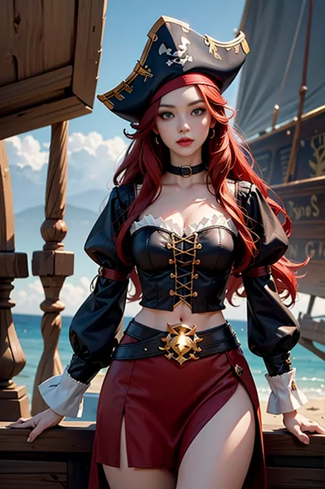 english woman,1girll,lovely and beautiful fas,28 year old,red hair,double tails, practical pirate clothing, (long-sleeved pirate...