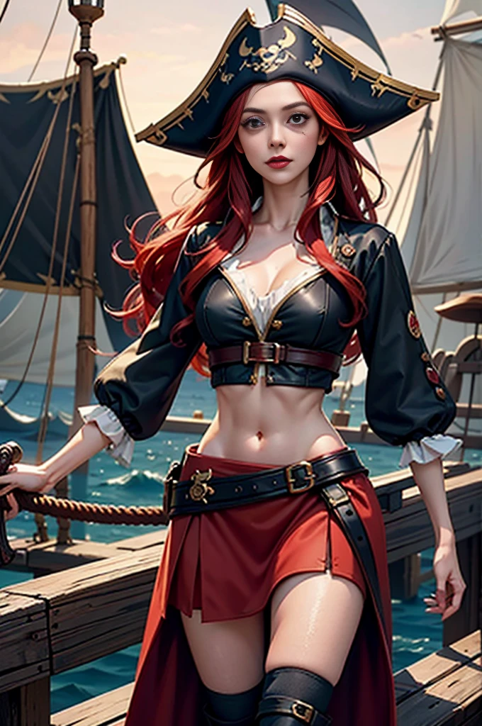 English woman,1girll,Lovely and beautiful Fas,28 year old,Red hair,double tails, Practical pirate clothing, (Long-sleeved pirate top), Skirt,Torn pirate hat, view the viewer, fantasy,(PCinematic lighting,Masterpiece,