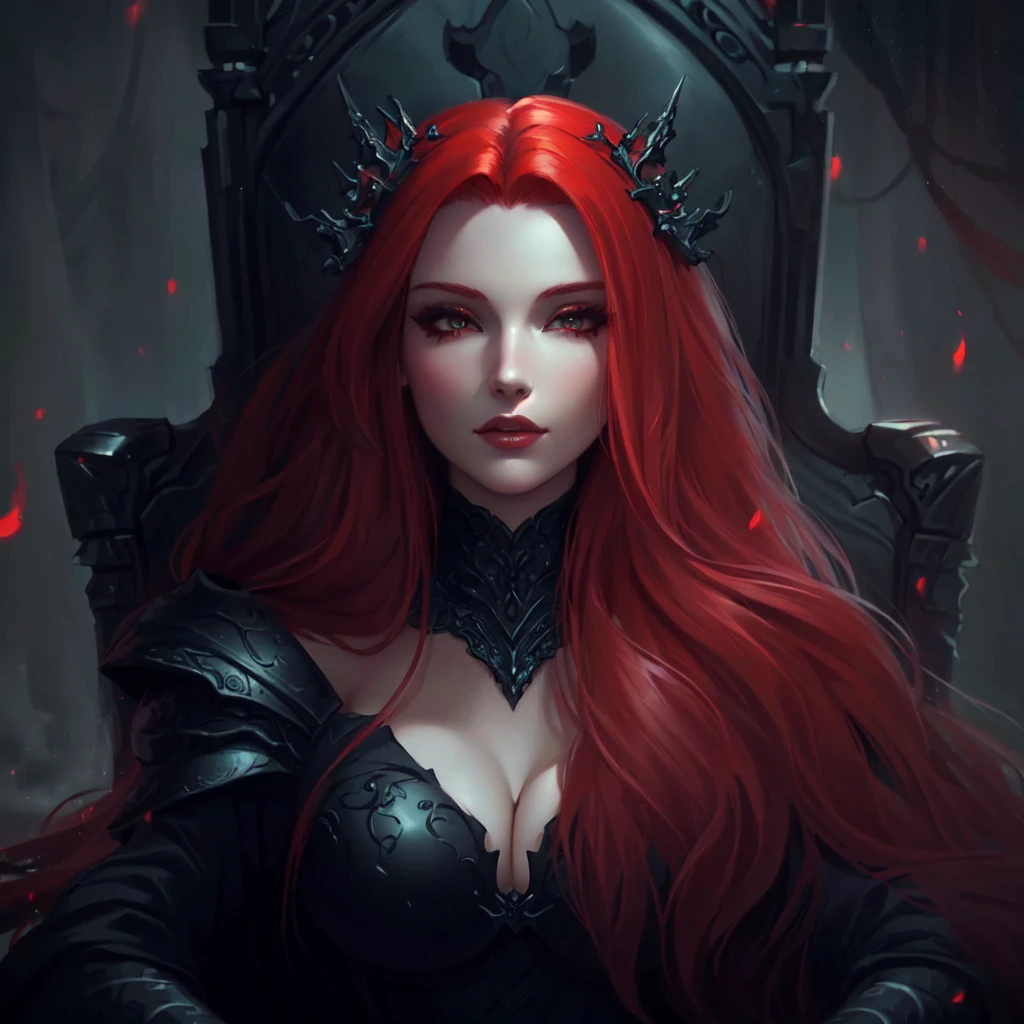 a close up of a woman with red hair sitting in a chair, huge tits, dark fantasy style art, redhead queen in heavy red armor, charlie bowater rich deep colors, epic fantasy art style, beautiful elegant demon queen, queen of the underworld, in style of dark fantasy art, charlie bowater character art, neoartcore and charlie bowater, dark fantasy art