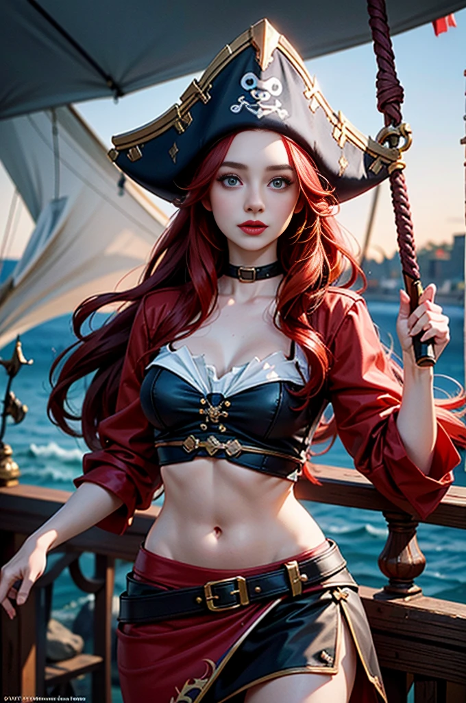 English woman,1girll,Lovely and beautiful Fas,28 year old,Red hair,double tails, Practical pirate clothing, (Long-sleeved pirate top), Skirt,Torn pirate hat, view the viewer, fantasy,Cinematic lighting,Masterpiece,